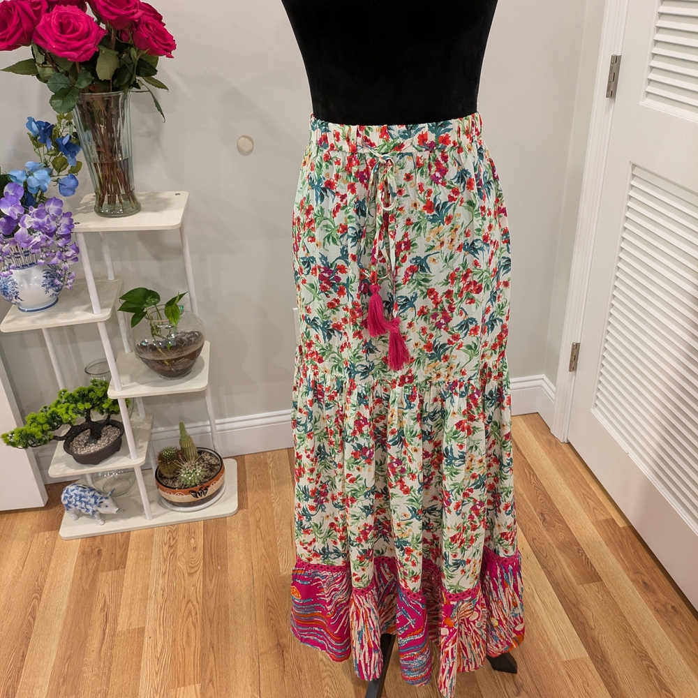 Solitaire Floral Maxi Skirt with Pink Tassels Size L